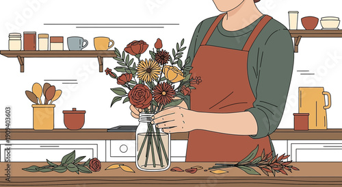 Florist Arranging Autumn Bouquet in Jar, Kitchen Countertop, Botanical Illustration