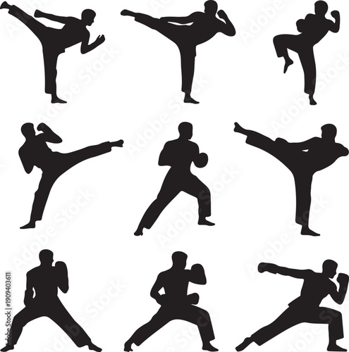 Martial arts silhouettes of men kicking and punching in various fighting poses