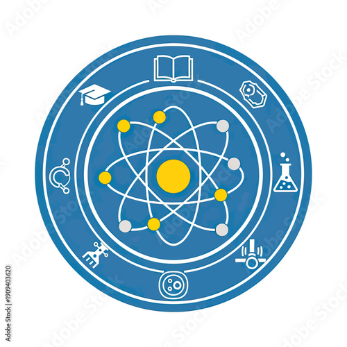 A round blue illustration featuring science symbols and atom model with circular icons