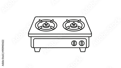 An outline illustration of a kitchen gas stove with two burners and two control knobs