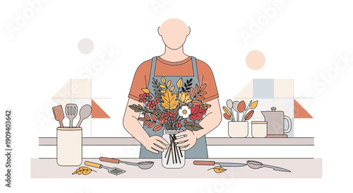 Florist Arranging Autumn Bouquet in Kitchen, Flat Illustration