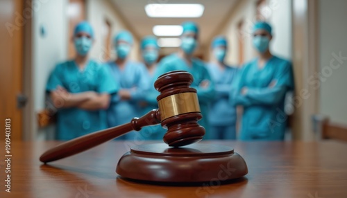 Judge gavel rests on desk before blurred medical professionals in surgical scrubs and masks in hospital hallway. Legal case about healthcare negligence and patient safety.