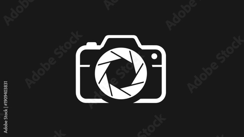 A white camera icon against a black background. The lens aperture is open. Simple, graphic design