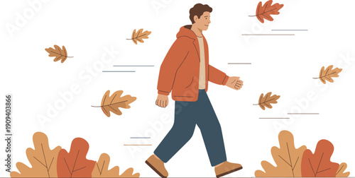 Young Man Walking in Autumn Park with Falling Leaves Flat Vector Illustration on White Background