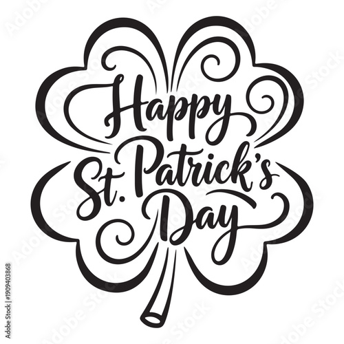 St. Patrick’s Day Hand Lettering with Decorative Clover Outline Vector Illustration