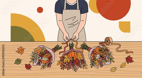 Florist Arranging Autumn Bouquets with Fall Leaves and Geometric Shapes