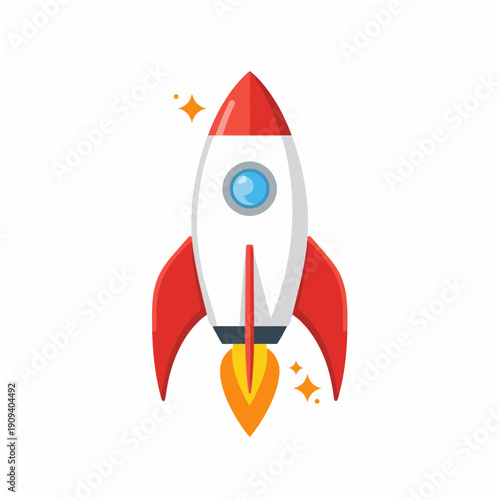 Flat vector illustration of a red and white cartoon rocket launching upward with clouds and flame, clean minimal design on white background.