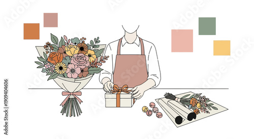 Florist Arranging Bouquet and Gift Box, Botanical Illustration Style