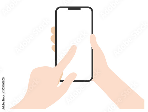 Hands using a smartphone with touch screen gesture, tapping on mobile phone screen, flat vector illustration isolated on white background