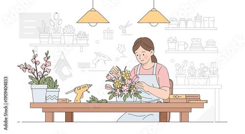 Florist Arranging Bouquet in Workshop, Botanical Illustration Style