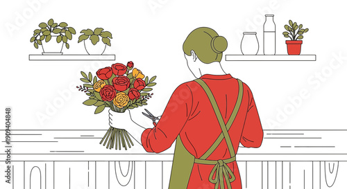 Florist Arranging Bouquet of Flowers, Botanical Illustration