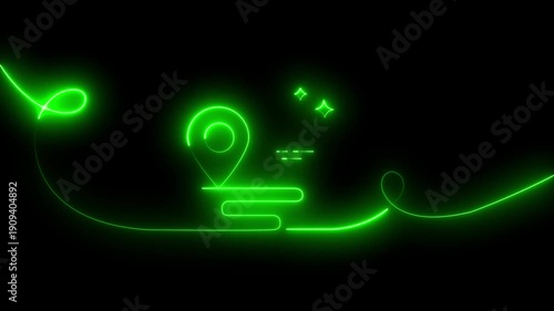 Neon Green GPS Location Pin with Sparkle Star on Dark Background Map Marker Navigation GPS Icon.