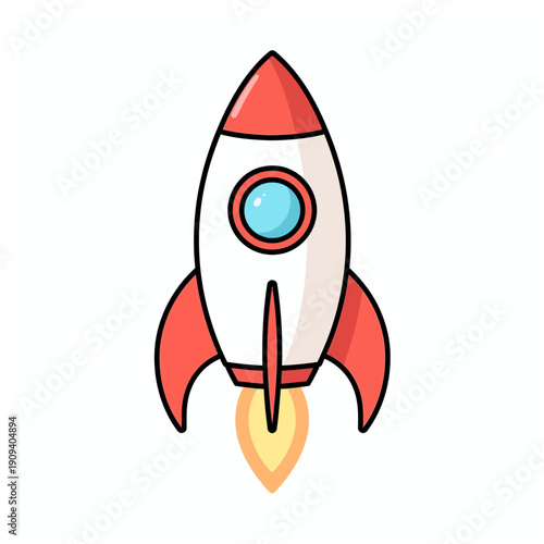 Flat vector illustration of a red and white cartoon rocket launching upward with clouds and flame, clean minimal design on white background.