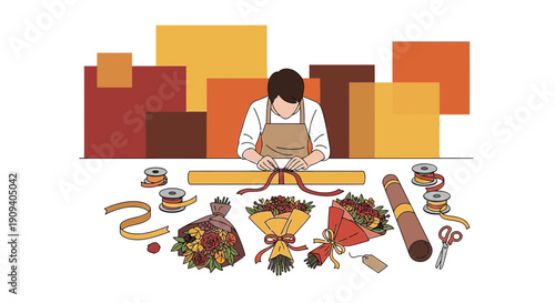 Florist Arranging Bouquets with Wrapping Paper, Ribbons, and Scissors