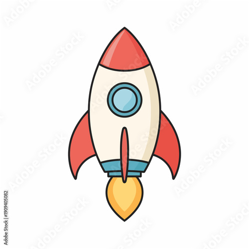 Flat vector illustration of a red and white cartoon rocket launching upward with clouds and flame, clean minimal design on white background.