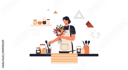 Florist Arranging Flowers in Kitchen, Botanical Illustration, DIY Craft