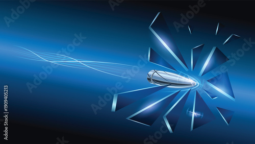 Shattered glass with lightning bolt and metal object