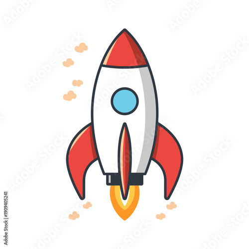 Flat vector illustration of a red and white cartoon rocket launching upward with clouds and flame, clean minimal design on white background.