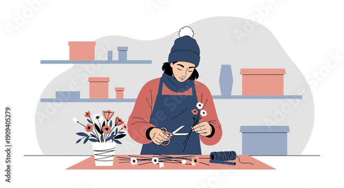 Florist Arranging Flowers in Winter, Crafting Bouquet with Scissors