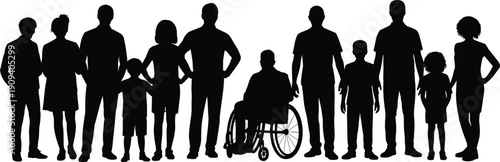 Silhouettes of diverse people including children and wheelchair user, unity and inclusivity vector illustration for community, diversity, and social design