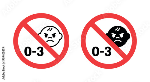 Choking Hazard Warning Symbol (0-3 Years) featuring a red prohibition circle with a baby face silhouette and numerical "0-3" text, indicating a danger for small children.