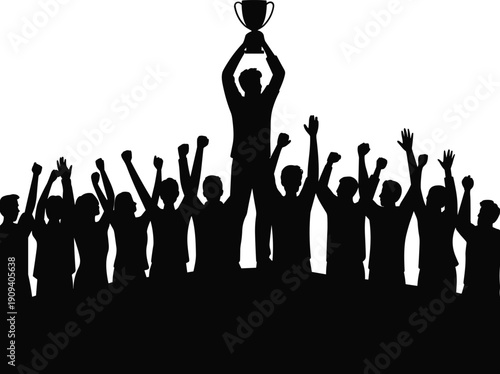 Winning team celebrating victory with champion holding trophy above cheering crowd silhouettes, success achievement concept isolated on white background