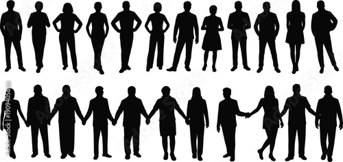Silhouettes of diverse people standing alone and holding hands in pairs, individuality and unity, casual and formal poses vector illustration