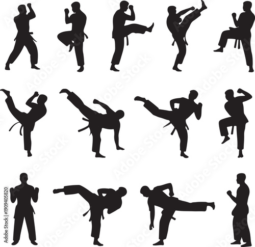 set of black silhouette martial arts poses on white background