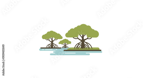 Stylized illustration of mangrove trees growing in water, depicting a unique ecosystem.