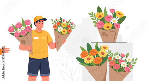 Florist Delivering Bouquets, Fresh Flowers Arrangement Service, Flat Illustration