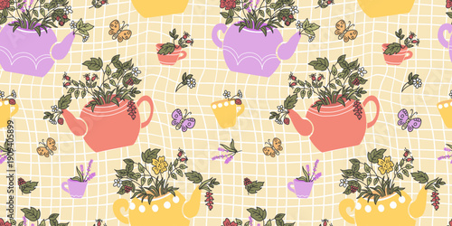 Seamless Colorful Tea and Floral Pattern