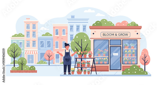 Florist Woman Small Business Owner Outside Flower Shop with Plants