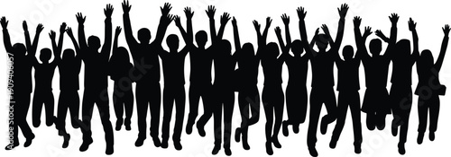 Happy crowd silhouette jumping with raised hands, group of people celebrating isolated on white background vector illustration