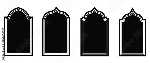 Wooden Islamic door and window shape. Muslim architecture geometric design for label.