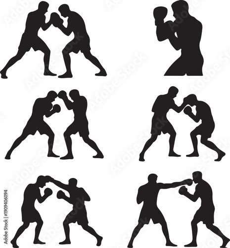 Boxers in various fighting poses and movements in silhouette