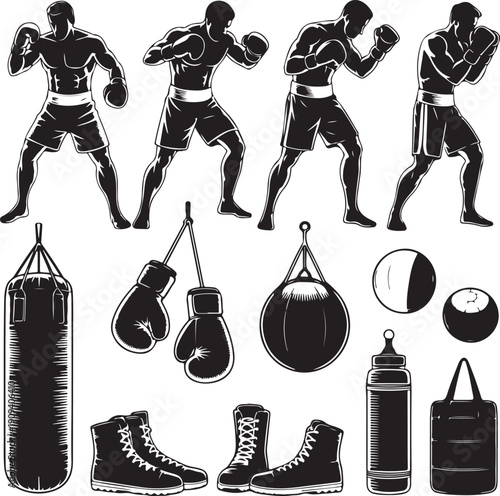 Boxing equipment and fighters in various poses and stances together