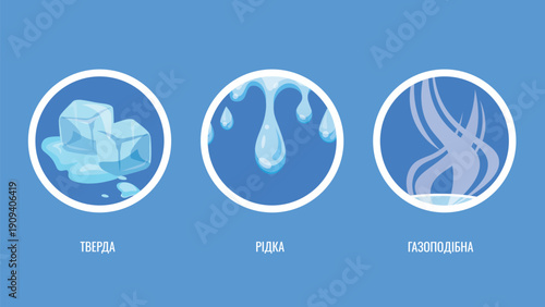 Set of four ice cubes with water drops. Vector illustration in cartoon style.