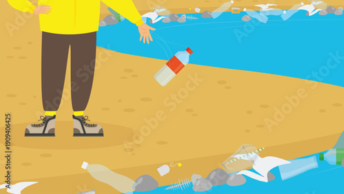 Illustration of a man collecting garbage on the beach. Vector illustration