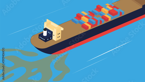 Cargo ship in the ocean. Freight transportation. Vector illustration.