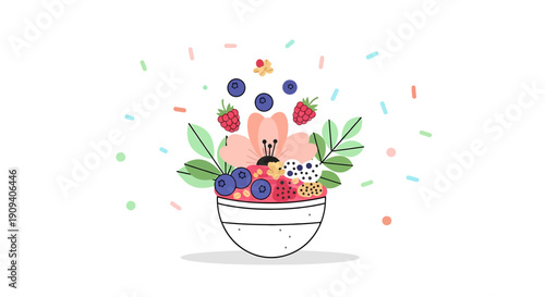 Fresh Berries and Flower Bowl Illustration, Healthy Breakfast Food Art