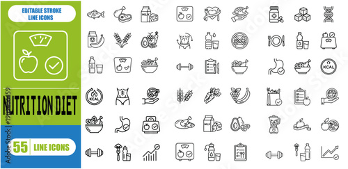 Nutrition icon set. Containing food, vegetables, water, meal planning, fruits, dietary fiber, protein, vitamins, healthy fats and carbohydrate icons. Solid icon collection. Vector illustration.