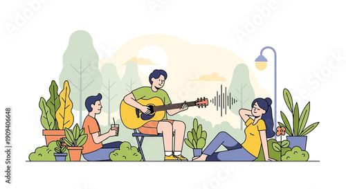 Friends enjoying music and nature in a park, illustration