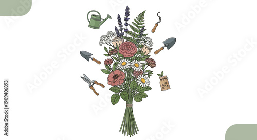 Garden Bouquet with Tools: Roses, Daisies, Lavender, Ferns, Watering Can, Trowel