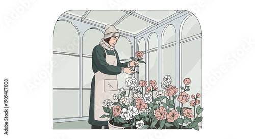Gardener Arranging Flowers in Greenhouse Illustration