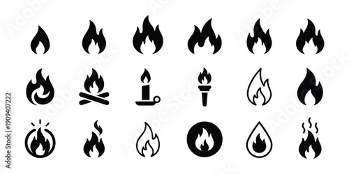Fire Flame Icon Set, Campfire Torch Match Candle Symbols. Safety and Campfire Vector Set. Red flame fire icon collection simple flat symbol set vector. Minimal Fire Flame Icons. Black burning flame