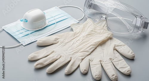 Detailed close up of pharmaceutical protective gear  gloves, masks, and goggles highlighted