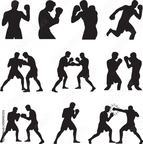 Boxing silhouettes of men in various fighting and training poses