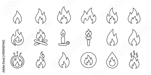 Fire Flame Icon Set, Campfire Torch Match Candle Symbols. Safety and Campfire Vector Set. Red flame fire icon collection simple flat symbol set vector. Minimal Fire Flame Icons. Black burning flame