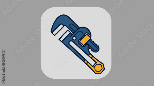 A stylized vector illustration of a pipe wrench on a rounded rectangle