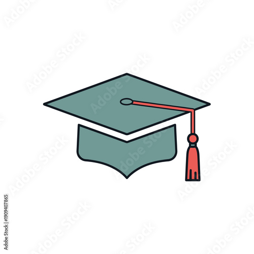 A simple, colored icon of a graduation cap with tassel and mortarboard on white background